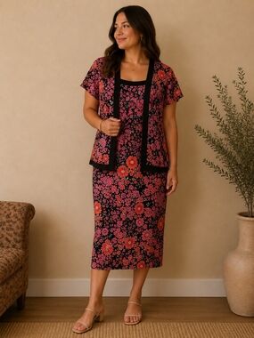 Studio Floral Midi Dress with Black Trim